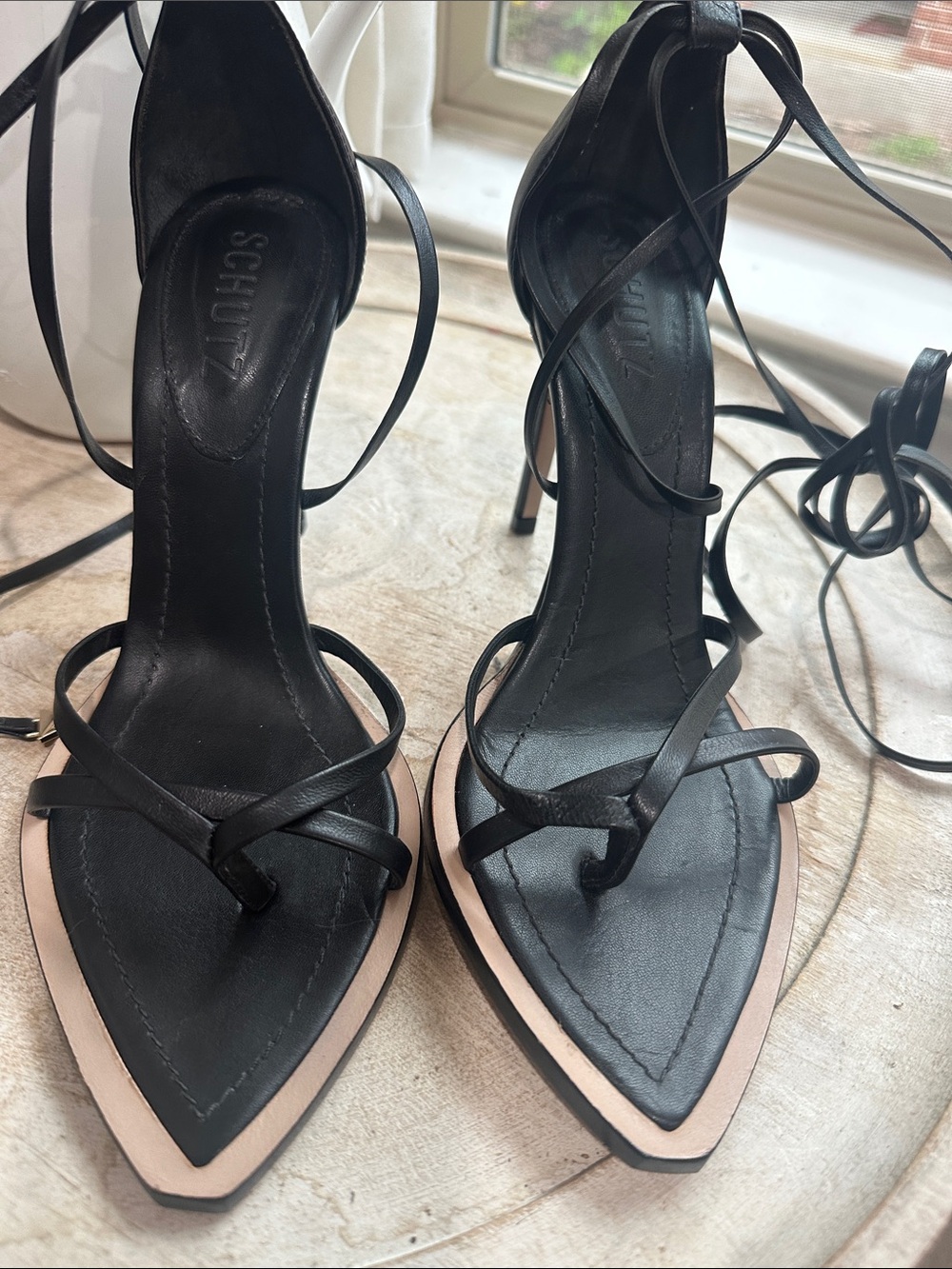 SCHUTZ Black Pointed Toe Lace-Up Heels with Beige Trim